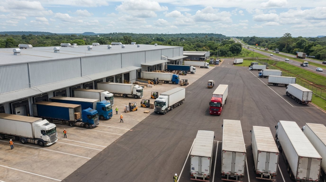 Parque industrial e centro logístico com galpões e caminhões no corredor da Ruta PY02 em Alto Paraná