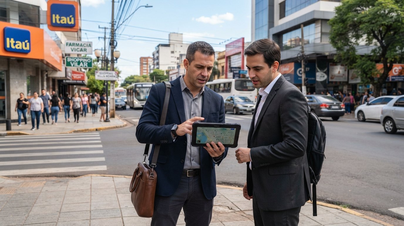 Investidores avaliando dados territoriais e localização comercial em bairro corporativo no Paraguai
