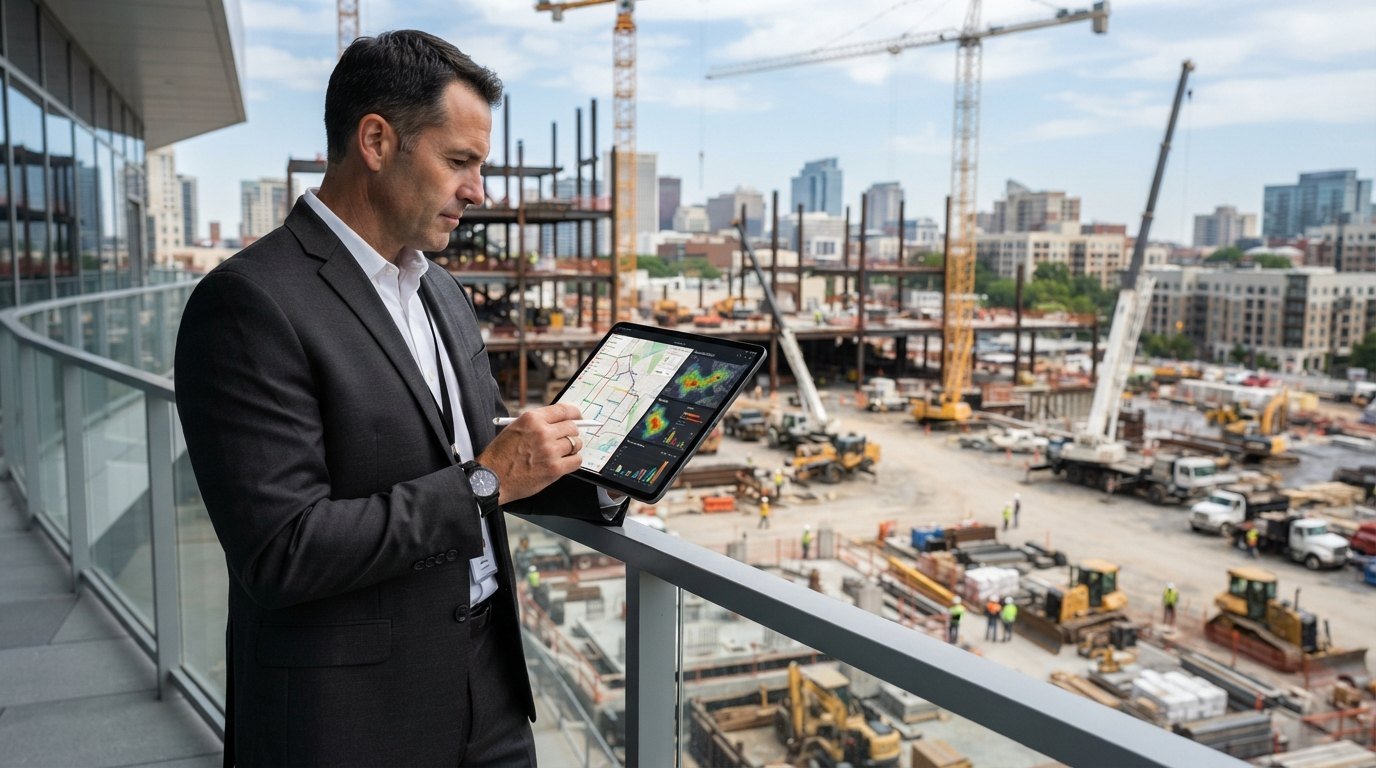 Empresário analisando dados territoriais e localização comercial em tablet para filial no Paraguai