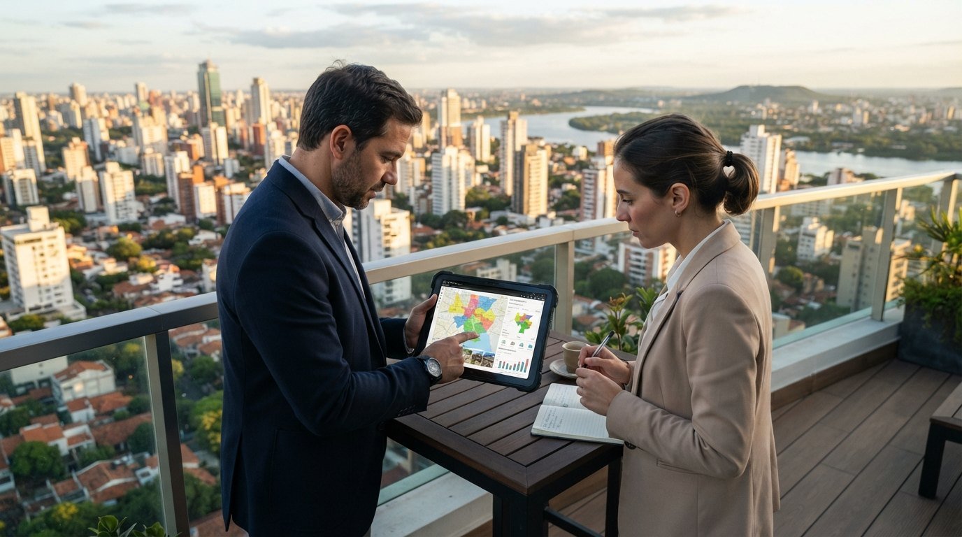 Investidores analisando relatórios territoriais em tablet com vista panorâmica da cidade de Assunção