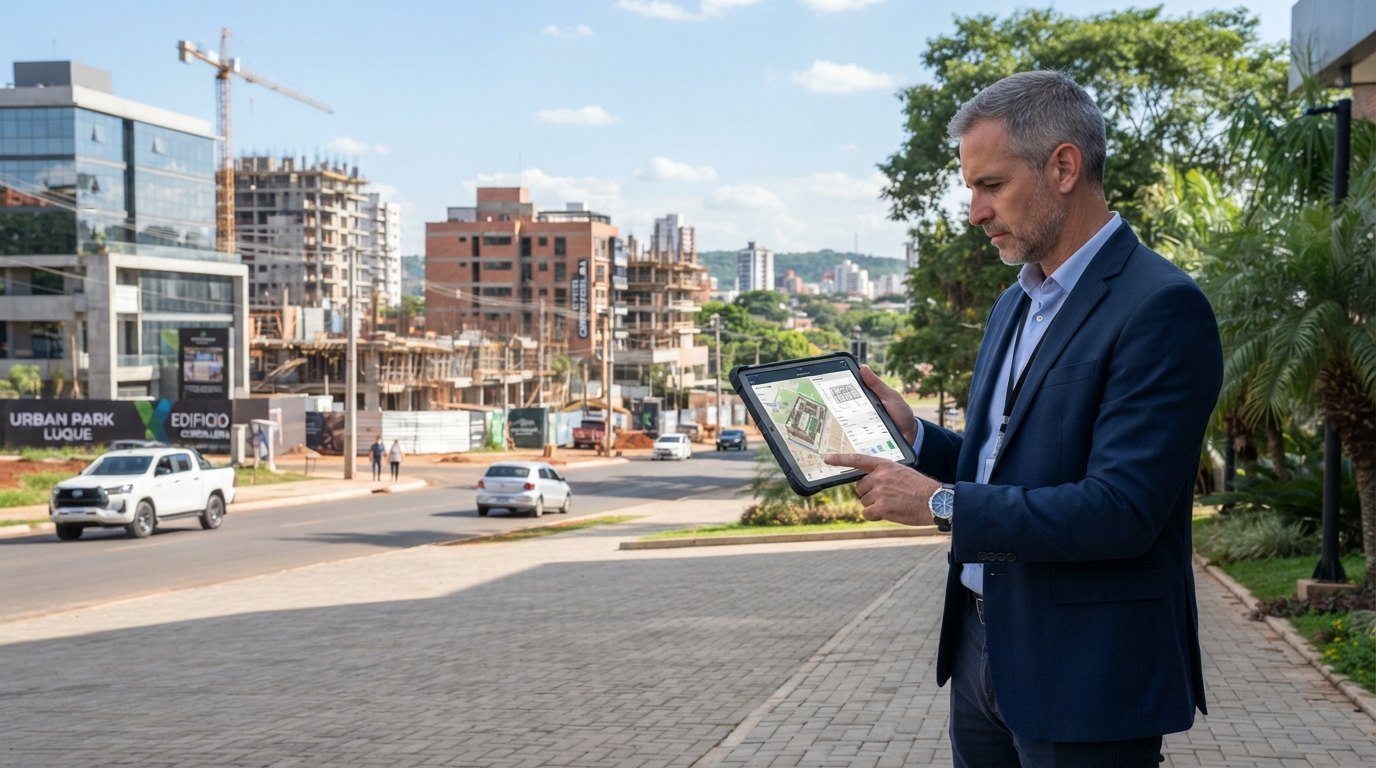 Investidor avaliando área de expansão imobiliária e comercial na Grande Assunção